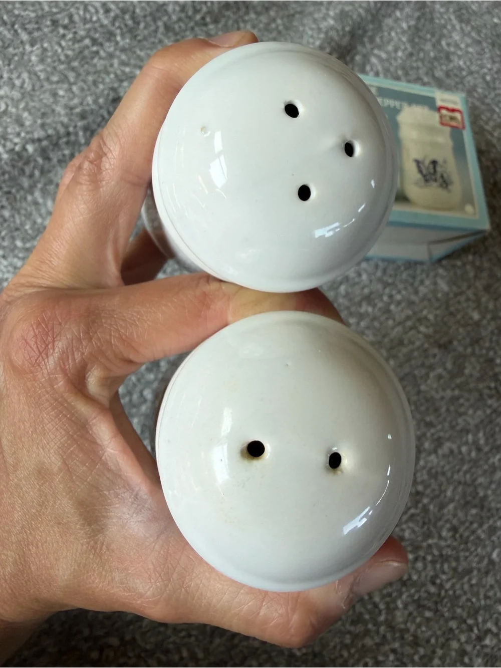 White Stoneware Salt & Pepper Shakers with Blue Floral Wreath
